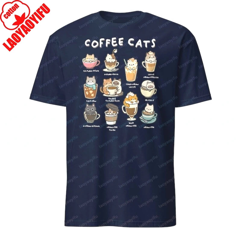 Coffee Cats Graphic Crewneck Short-Sleeve T-Shirt