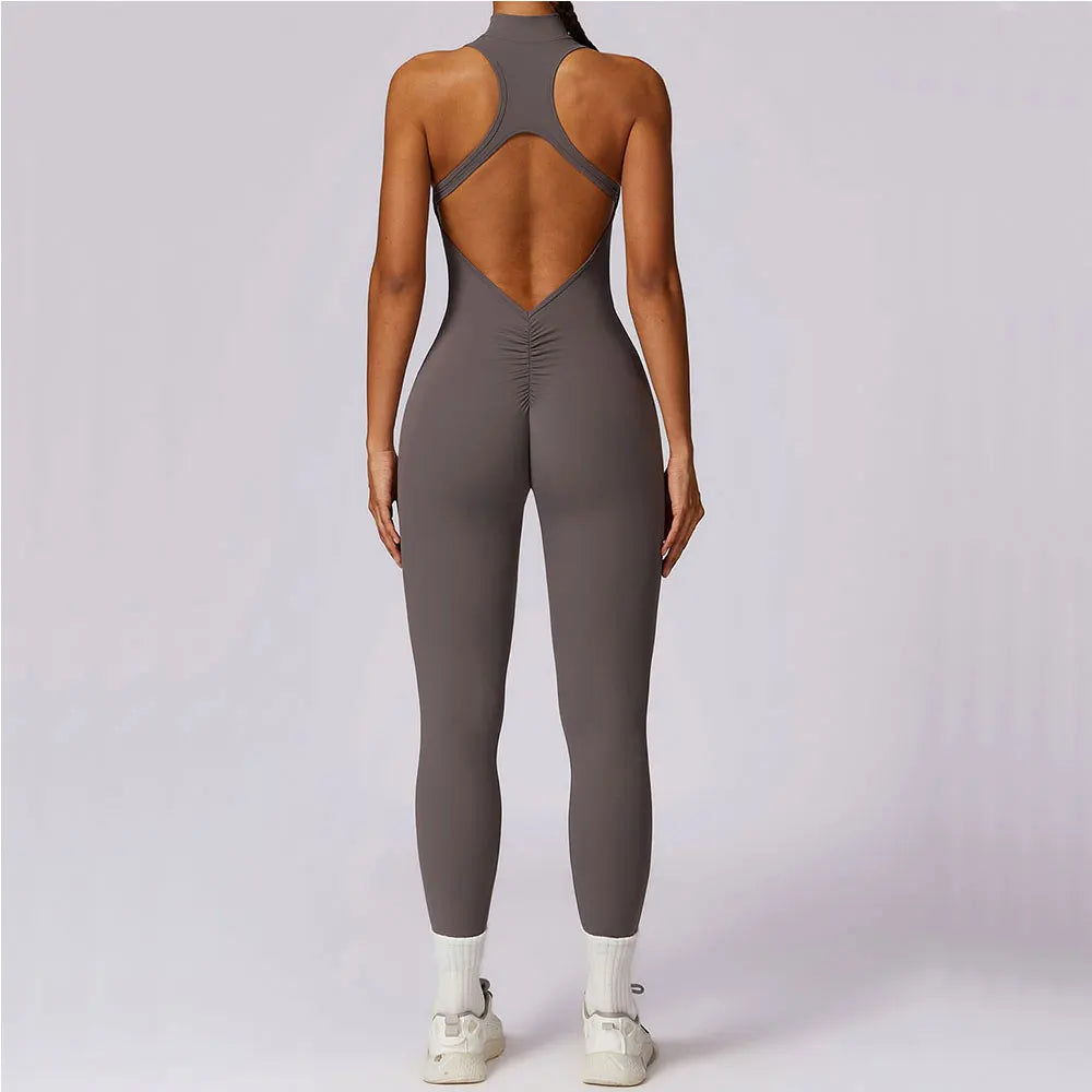 Women's Sleeveless Nylon Blend Zip Front Workout Jumpsuit with Cross Back