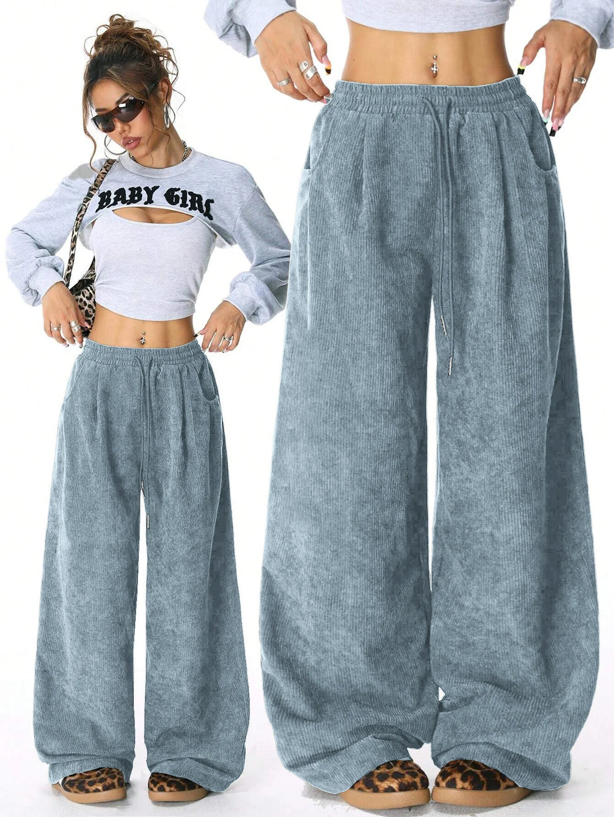 Women's Corduroy Style Drawstring Pants with Wide Legs and Pockets