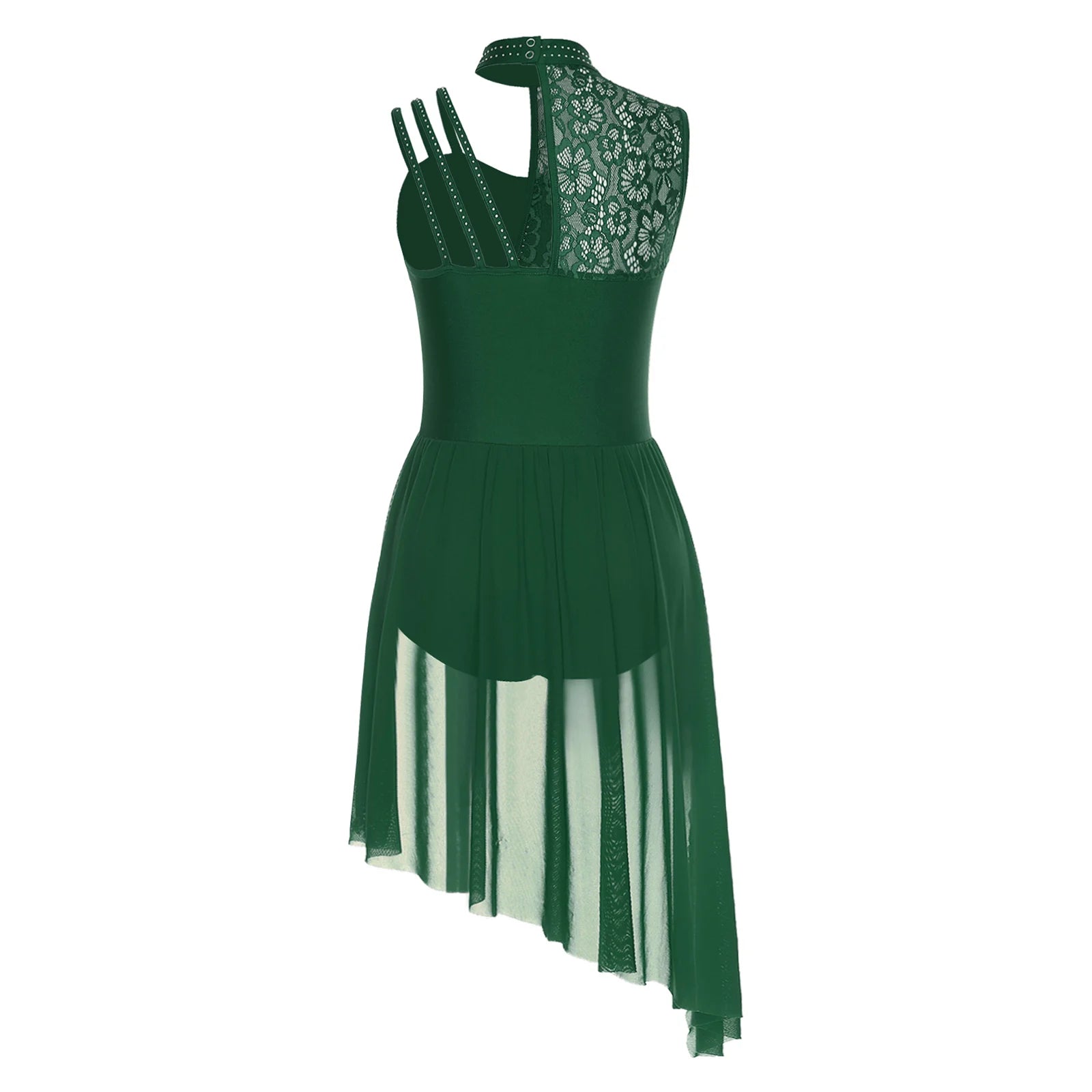 Women's Floral Lace Dance Dress with Rhinestones and Asymmetric Mesh Skirt
