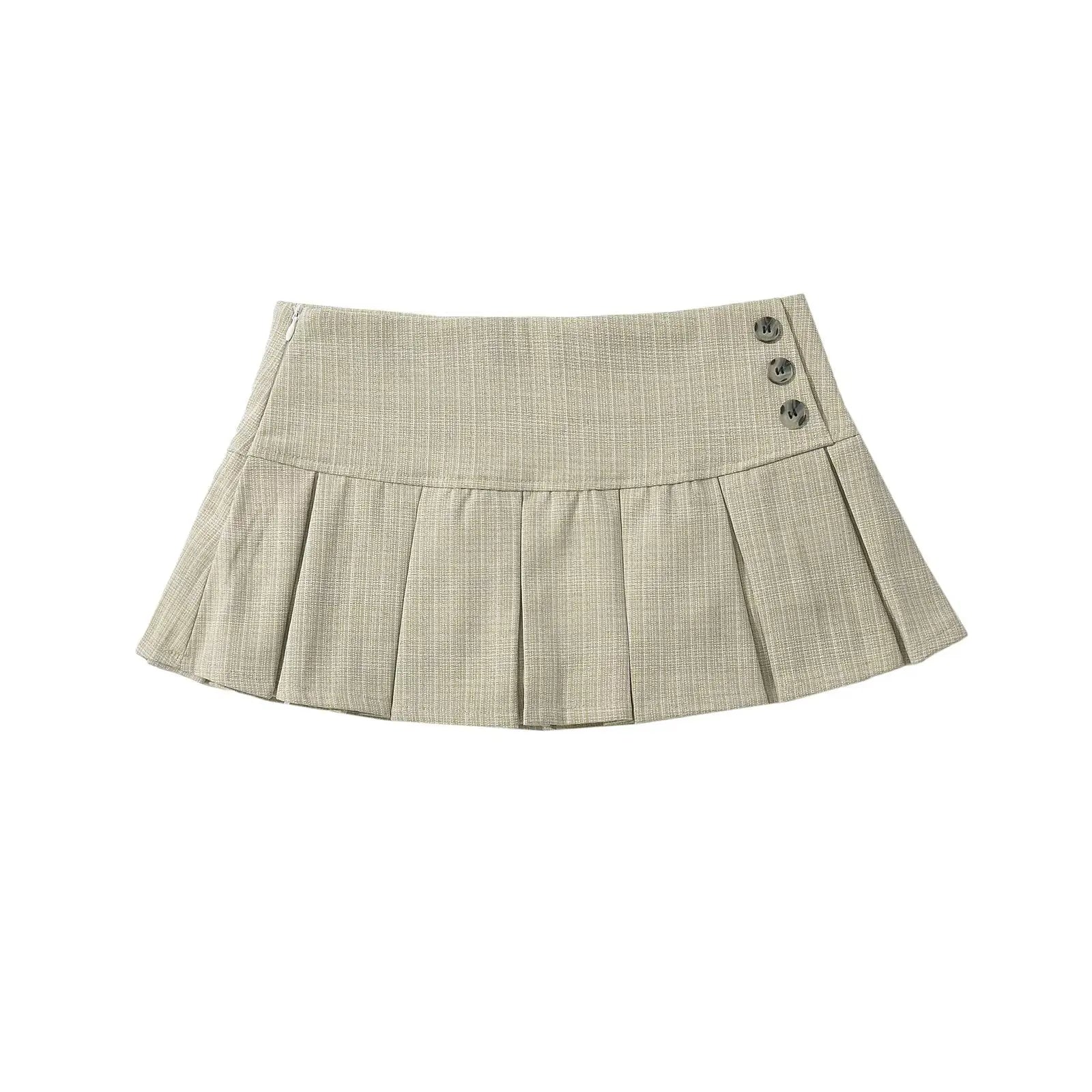 Women's Solid Pleated Mini Skirt with Button Detailing for Retro Summer Outfits