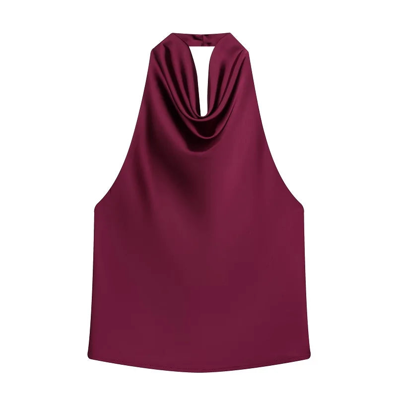 Women's Satin Polyester Halter Camisole with an Open Back and Draped Front