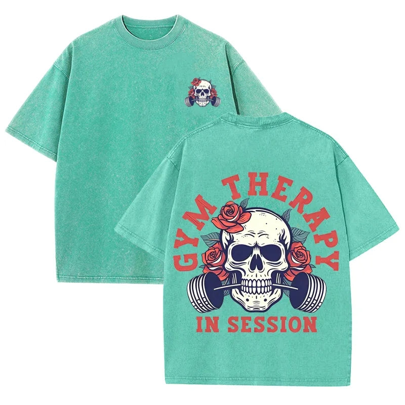 Gym Therapy In Session Skull Rose Print Vintage Washed Workout T Shirt