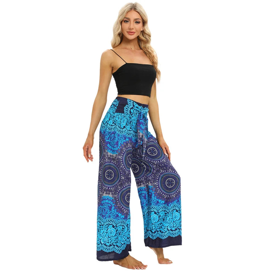 Women's Printed Rayon Harem Pants with Elastic Waist and Convertible Styling