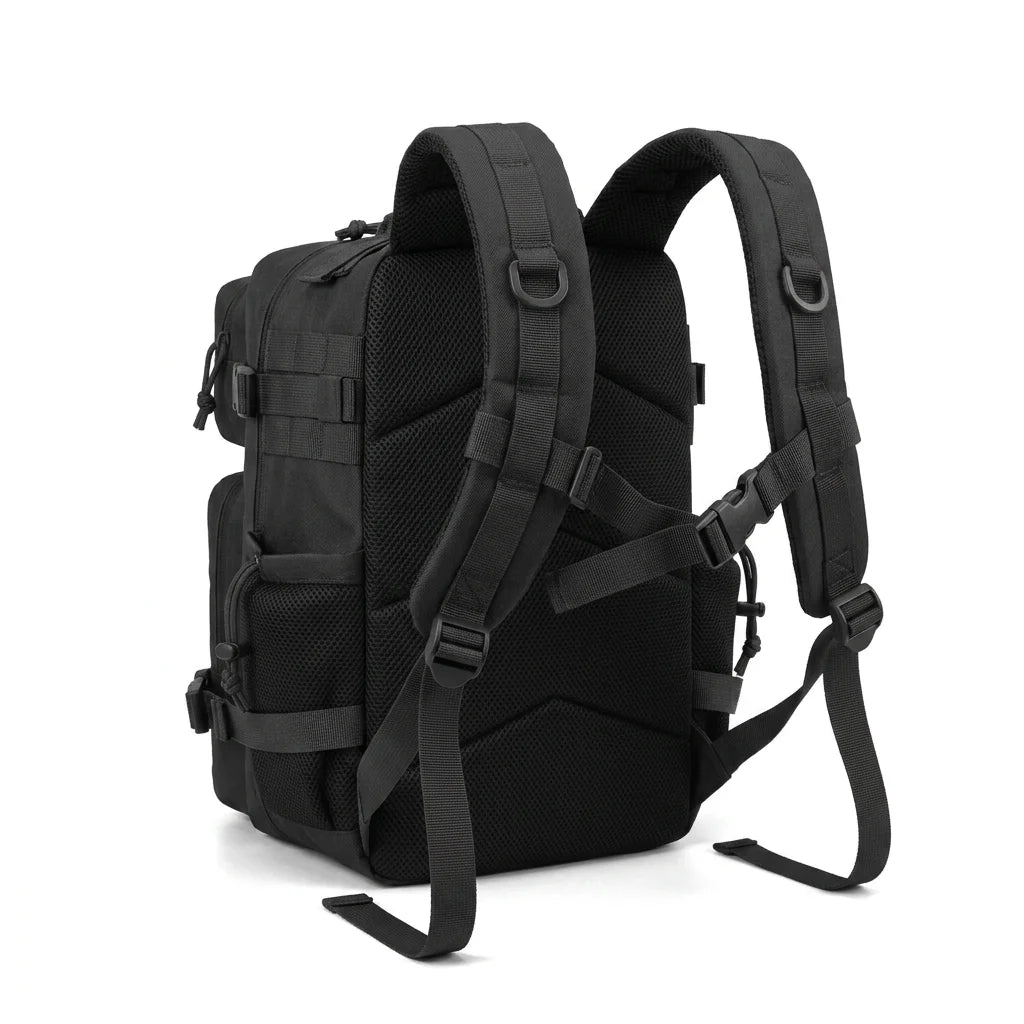 Tactical Travel Backpack with Front Webbing Panels and Side Bottle Pockets