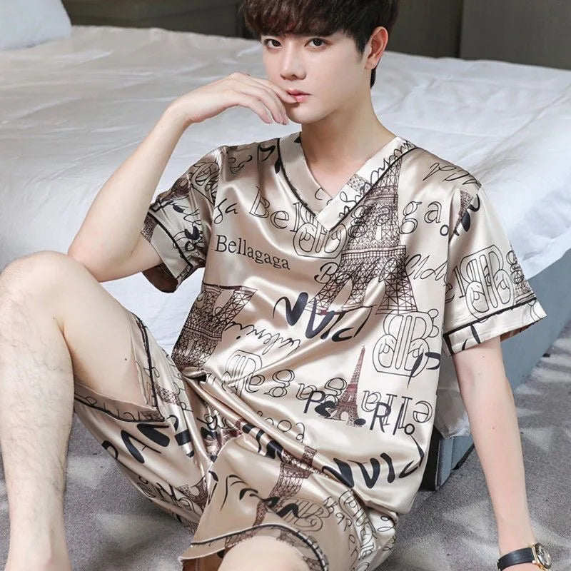 Men's Printed Short Sleeve Button Neck Top and Shorts Pajama Set