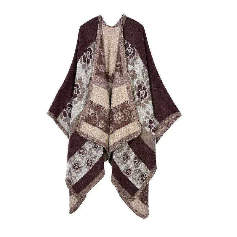 Patterned Fringed Open Front Poncho for Layering over Outfits