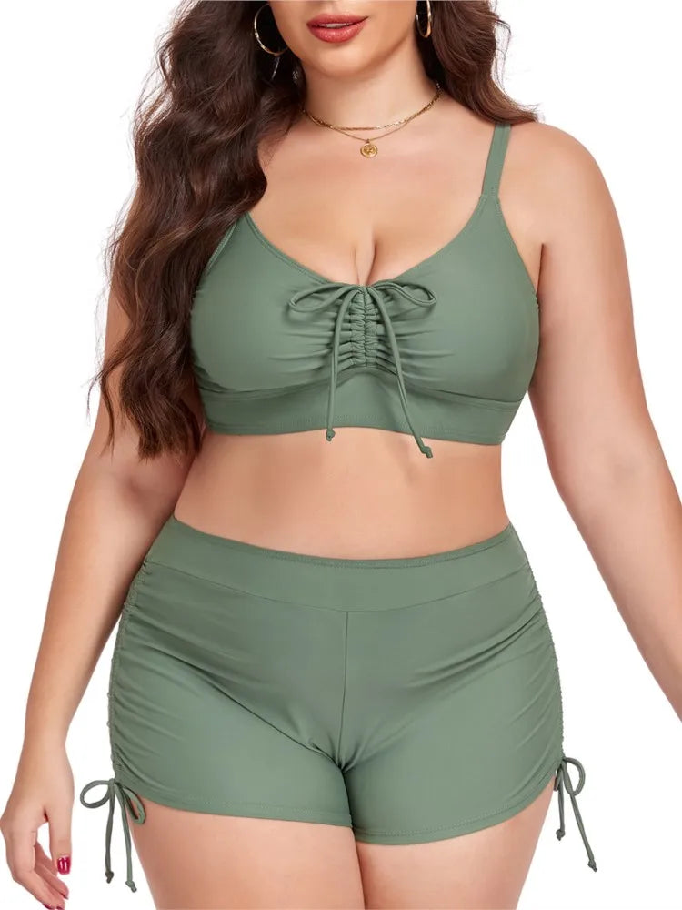 Women's Ruched Crop Top and Side Tie Shorts Bikini Set