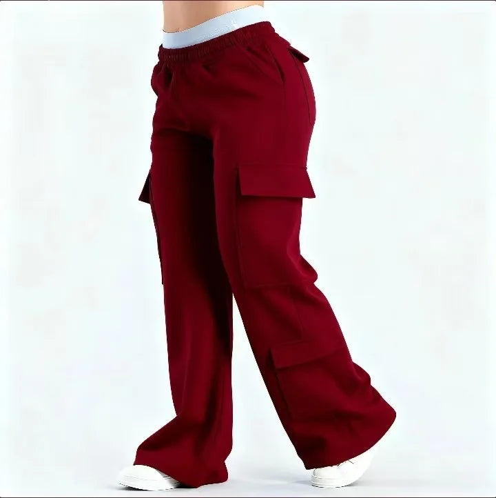 Women's Wide Leg Cargo Pants with Elastic Waist and Flap Pockets