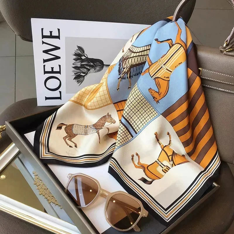 Horse Print Square Scarf with Decorative Patterned Border