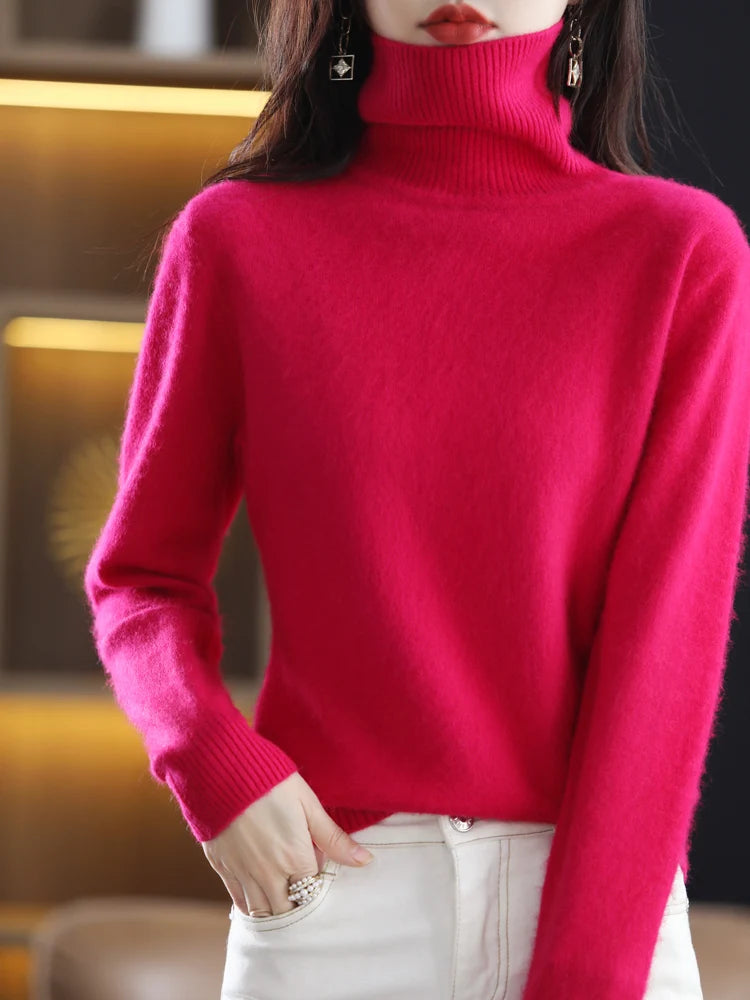 Women's Plain Roll Neck Long Sleeve Sweater Casual Knit Layer