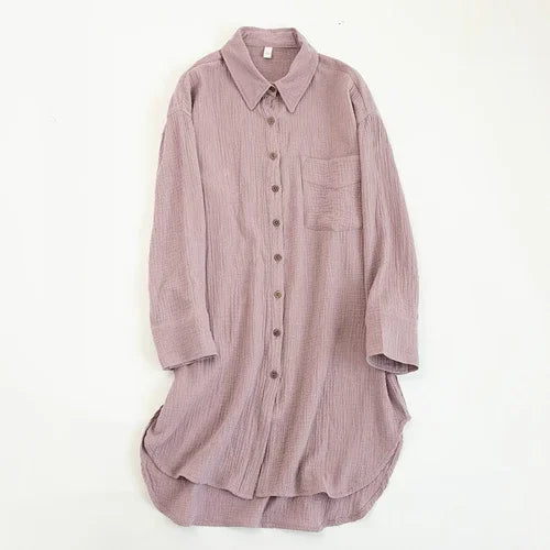 Women's Cotton Long-Sleeve Collared Loose A-Line Mini Shirt Dress with Front Buttons
