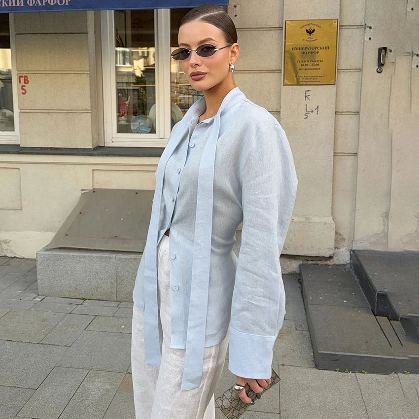 Women's Scarf Collar Shirt with Shaped Tie Back