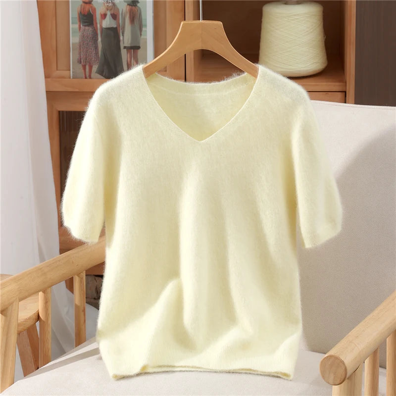 Women's V Neck Short Sleeve Sweater Casual Knit Layer