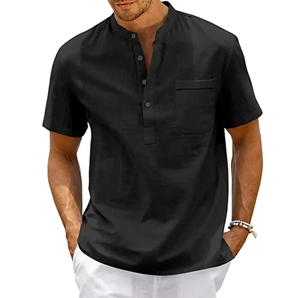 Men’s Short-Sleeve Cotton-Linen Henley Shirt