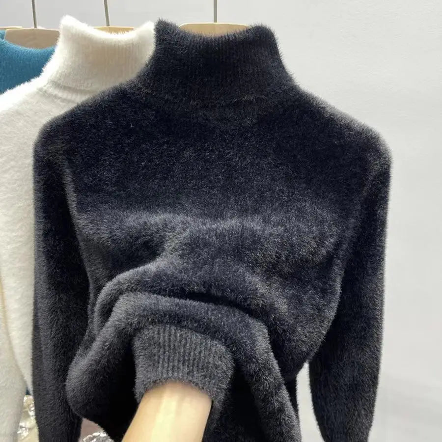Women's Fluffy Roll Neck Long Sleeve Sweater Casual Knit Layer