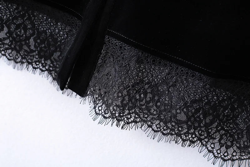 Women Turn Down Collar Crocheted Lace Single Breasted Cardigan Mid Length A Line Velvet Ruffled Sleeveless Jackets