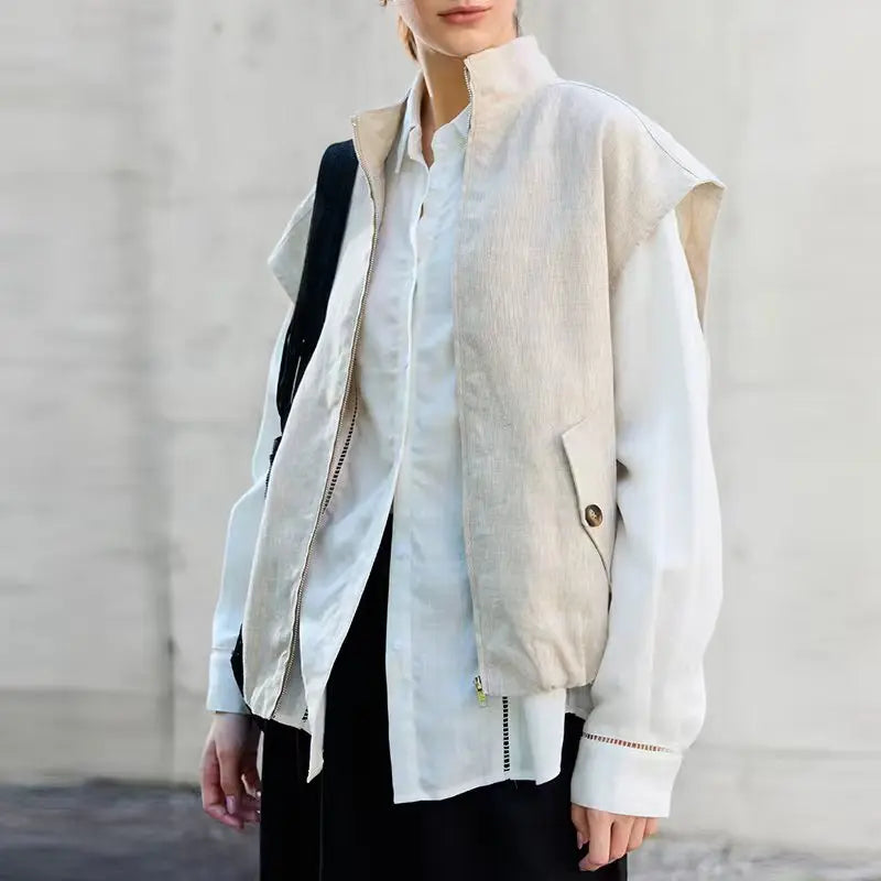 Women's Linen Sleeveless Collared Zip-Up Vest with Pockets for Casual Layered Outfits