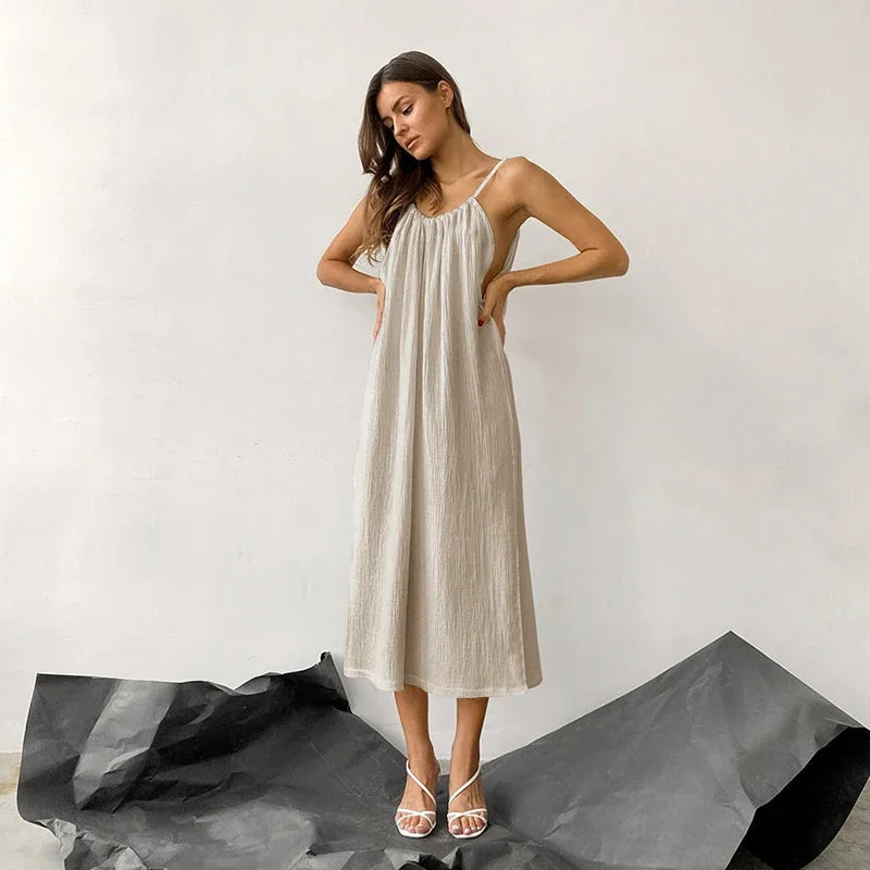 Women's Cotton Sleeveless Loose A-Line Midi Dress with Straps and Tie Detail