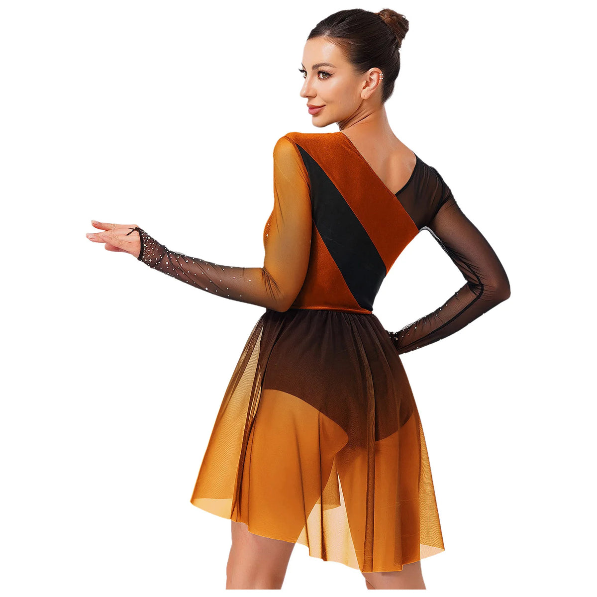 Women's Long Sleeve Mesh Dance Dress with Sequins and Asymmetric Panels