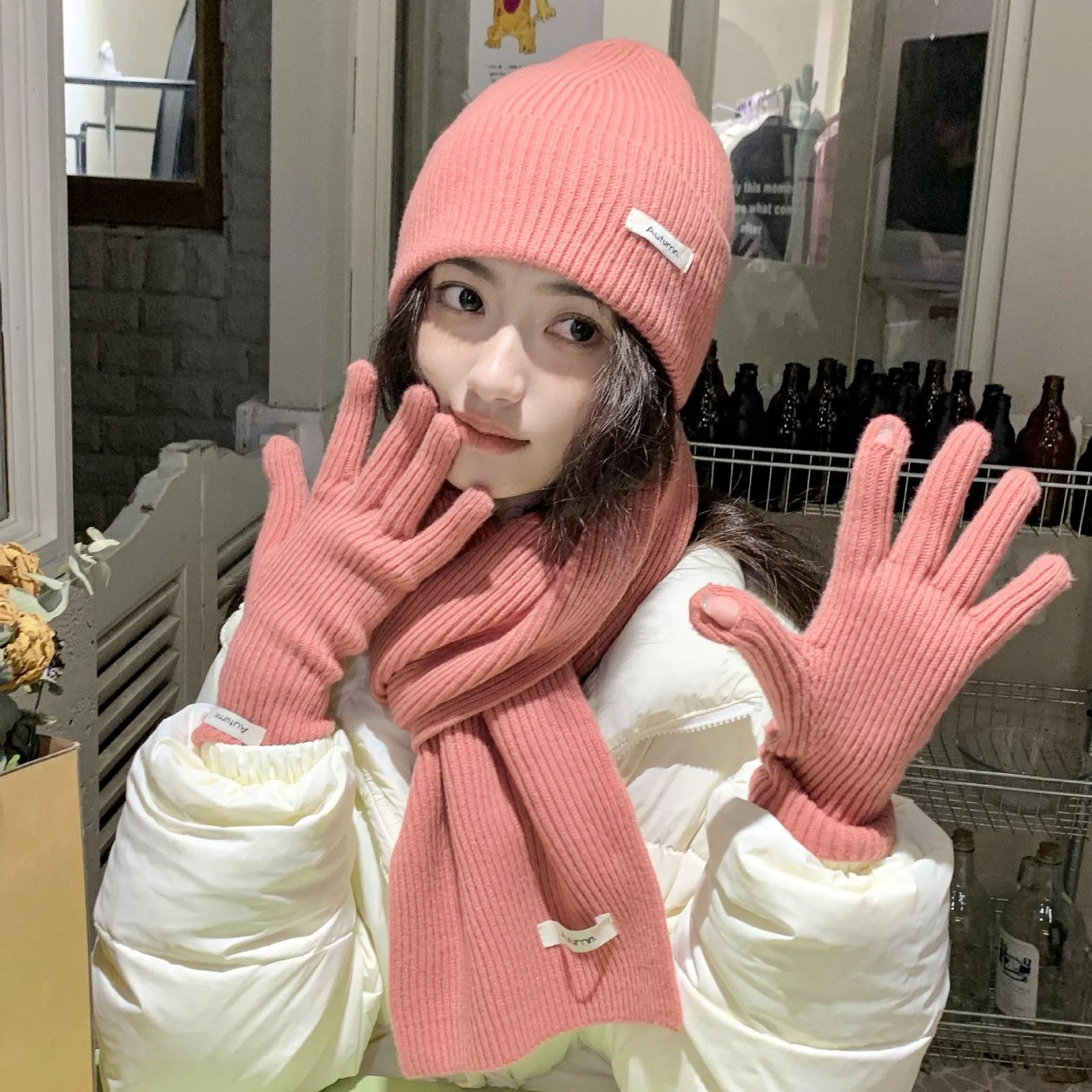 Women's Knitted Hat Scarf and Touchscreen Gloves Set for Winter Wear