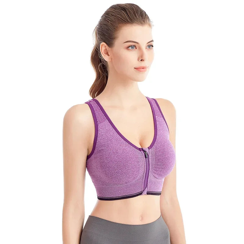 Women's Front Zip Cross Back Sports Bra