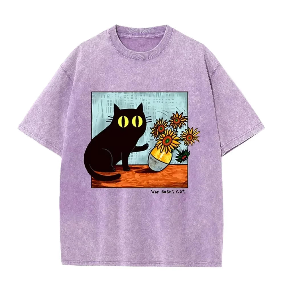 Funny Art Cat  Van Gogh's Cat Print Vintage Washed Blue Casual Graphic T Shirt