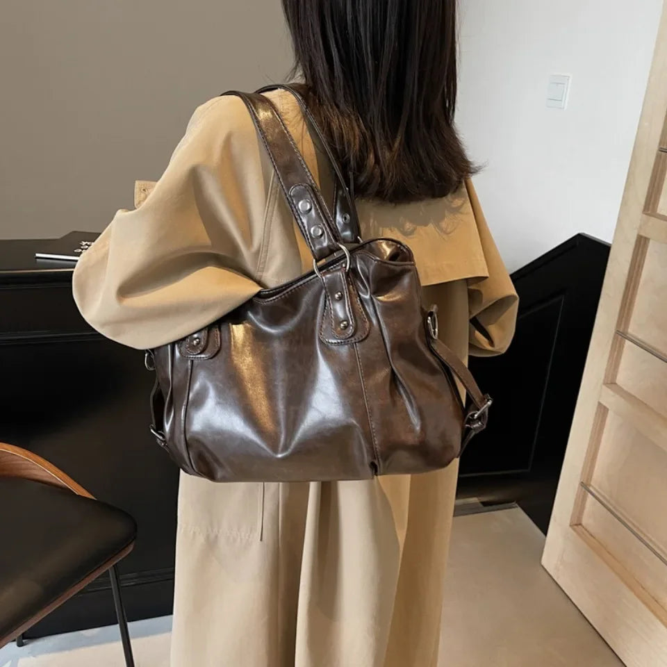 Pleated Shoulder Handbag with Rivet Details and Carry Handles