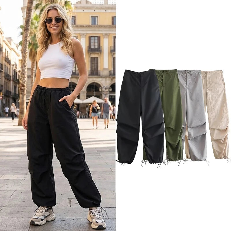 Women's Parachute Cargo Pants with Drawstring Waist and Adjustable Cuffs