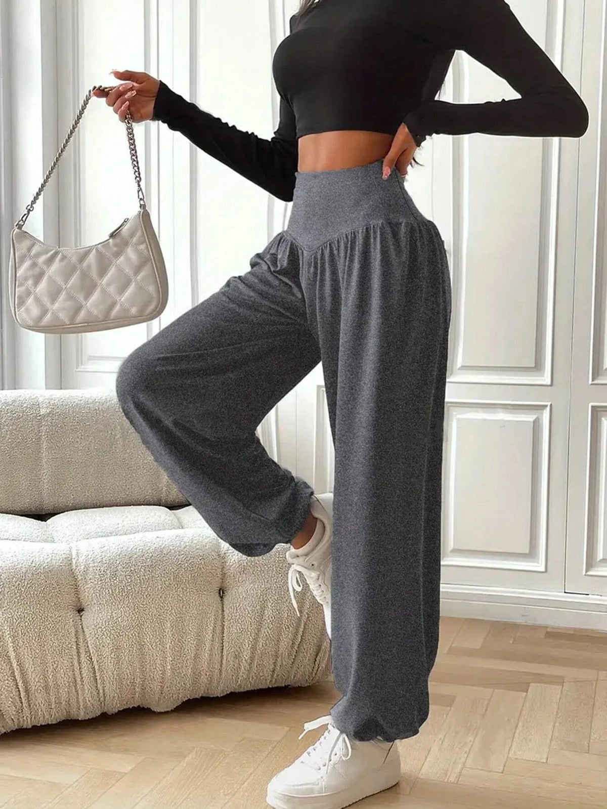 Women's Elastic Waist Polyester Blend Workout Pants with Loose Legs and Gathered Ankles