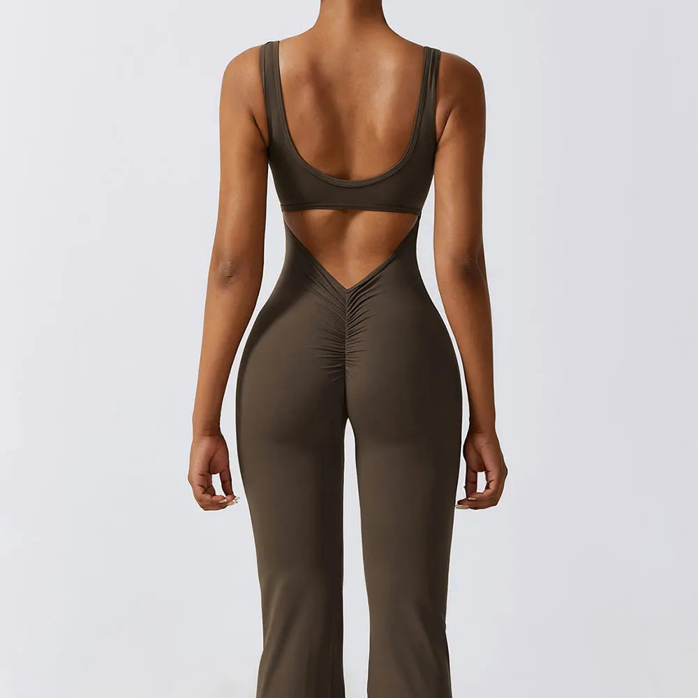 Women's Sleeveless Nylon Blend Flared Workout Jumpsuit with Back Cutout