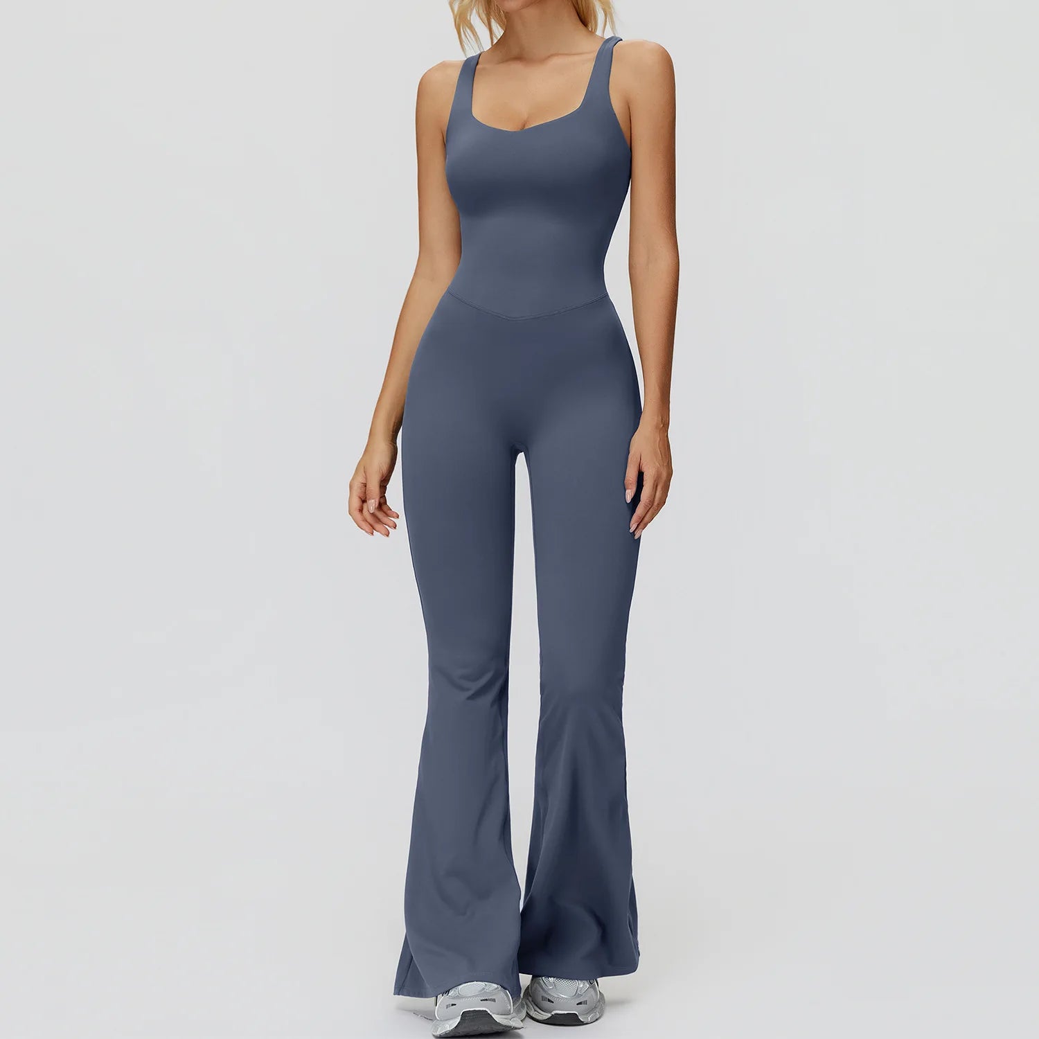 Women's Cross Back Polyester Blend Flared Workout Jumpsuit with Multiple Straps