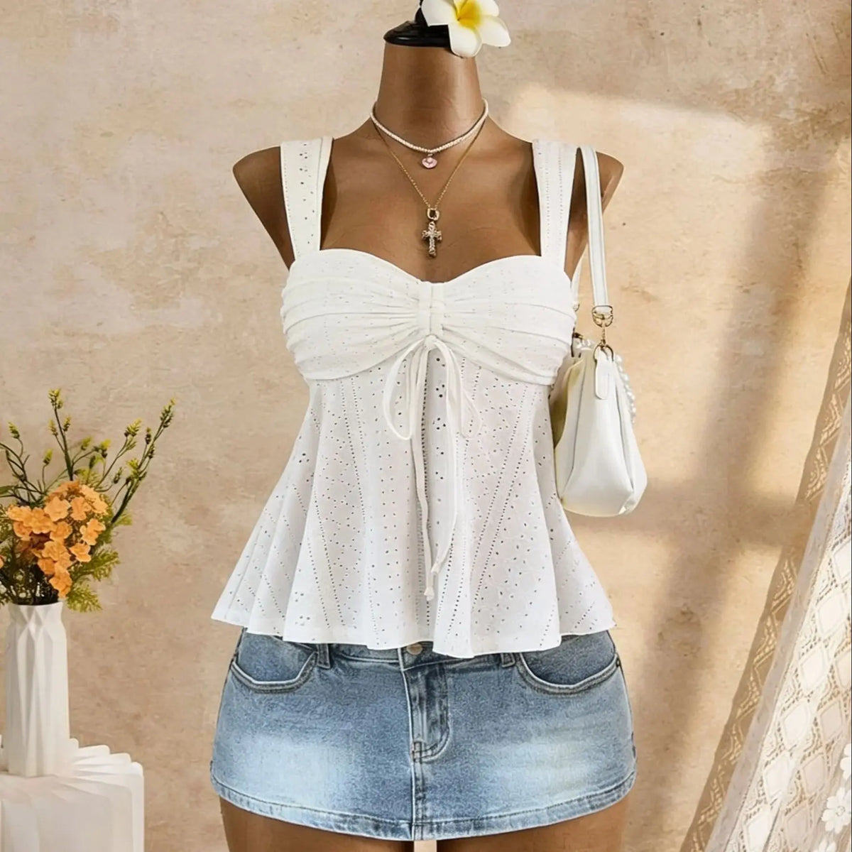 Women's Ruched Polyester Blend Peplum Camisole with Sweetheart Neck and Bow