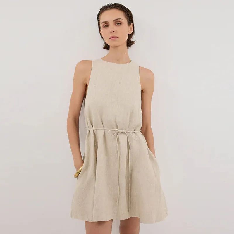 Women's Linen Sleeveless Loose Mini Dress with Waist Tie and Zipper Closure