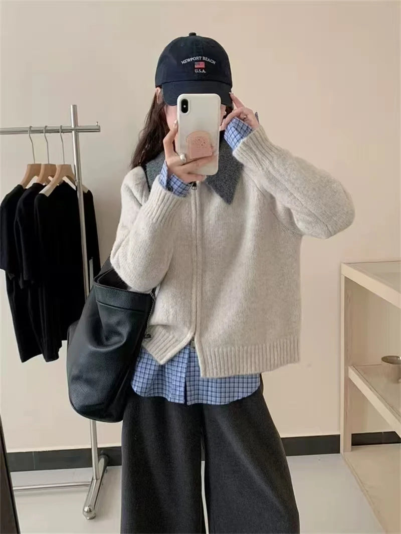 Color-blocked lapel 100% cashmere cardigan women's knitted sweater Loose sweater Wool sweater coat