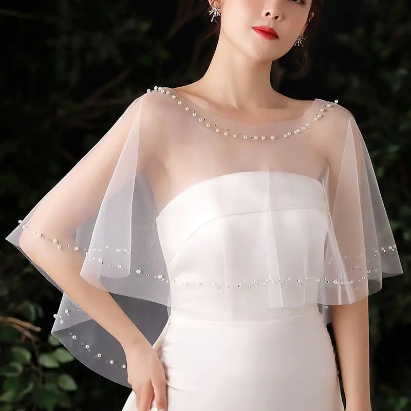 Pearl Beaded Sheer Capelet for Layering over Dresses and Tops