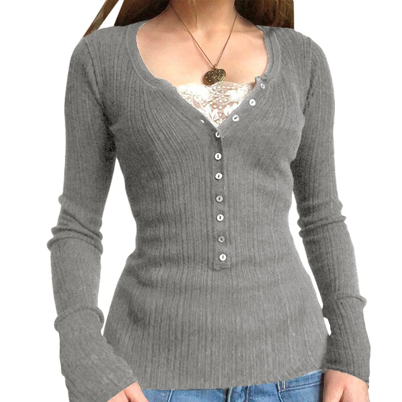 Women's Square Neck Lace Knit Sweater Casual Knit Layer