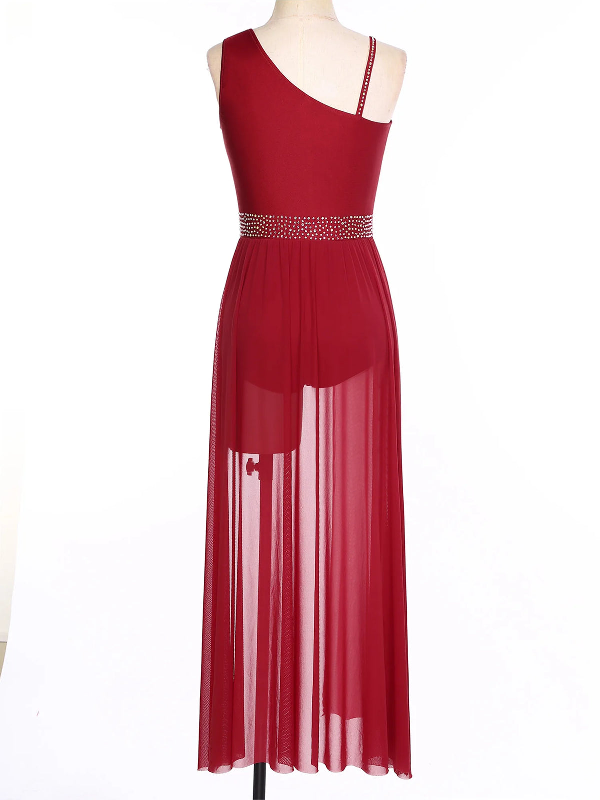 Women's Asymmetric Rhinestone Dance Dress with Split Mesh Skirt Styles