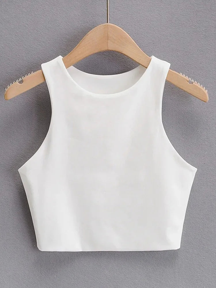 Women's Solid Round-Neck Sleeveless Stretch Crop Tank Top