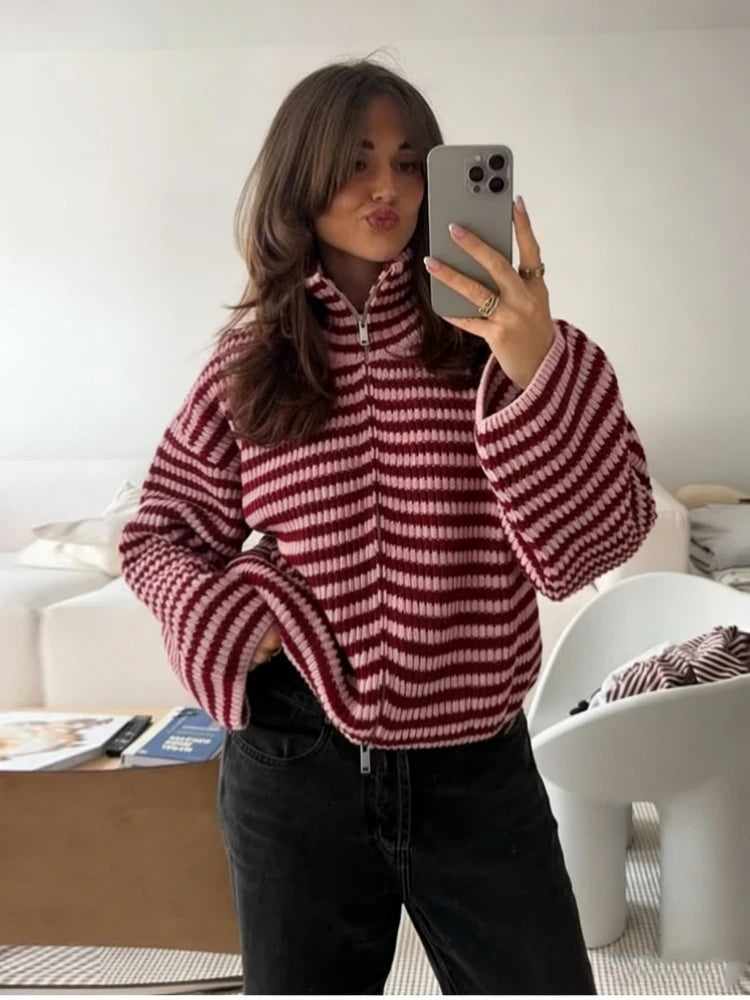 Women's Striped Full Zip Cardigan Casual Knit Layer