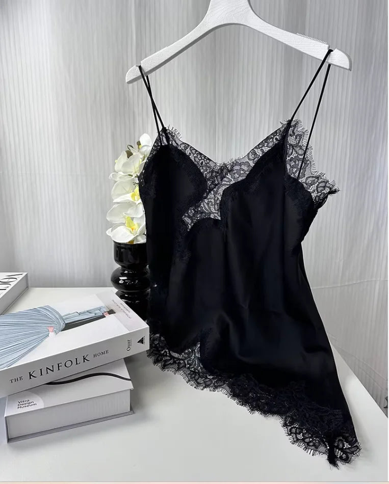 Women's Lace Trim Satin Polyester Camisole with Asymmetric Hem and Length Options
