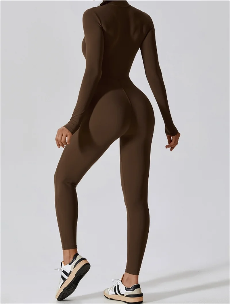 Women's Long Sleeve Nylon Blend Workout Jumpsuit with Half Zip Collar
