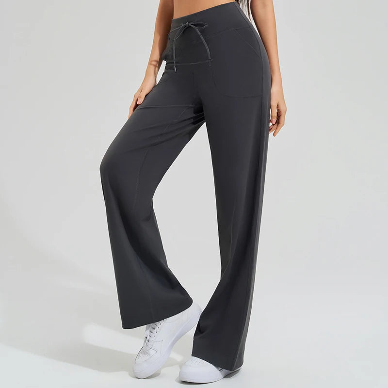 Women's Drawstring Waist Nylon Blend Wide Leg Pants for Yoga Practice