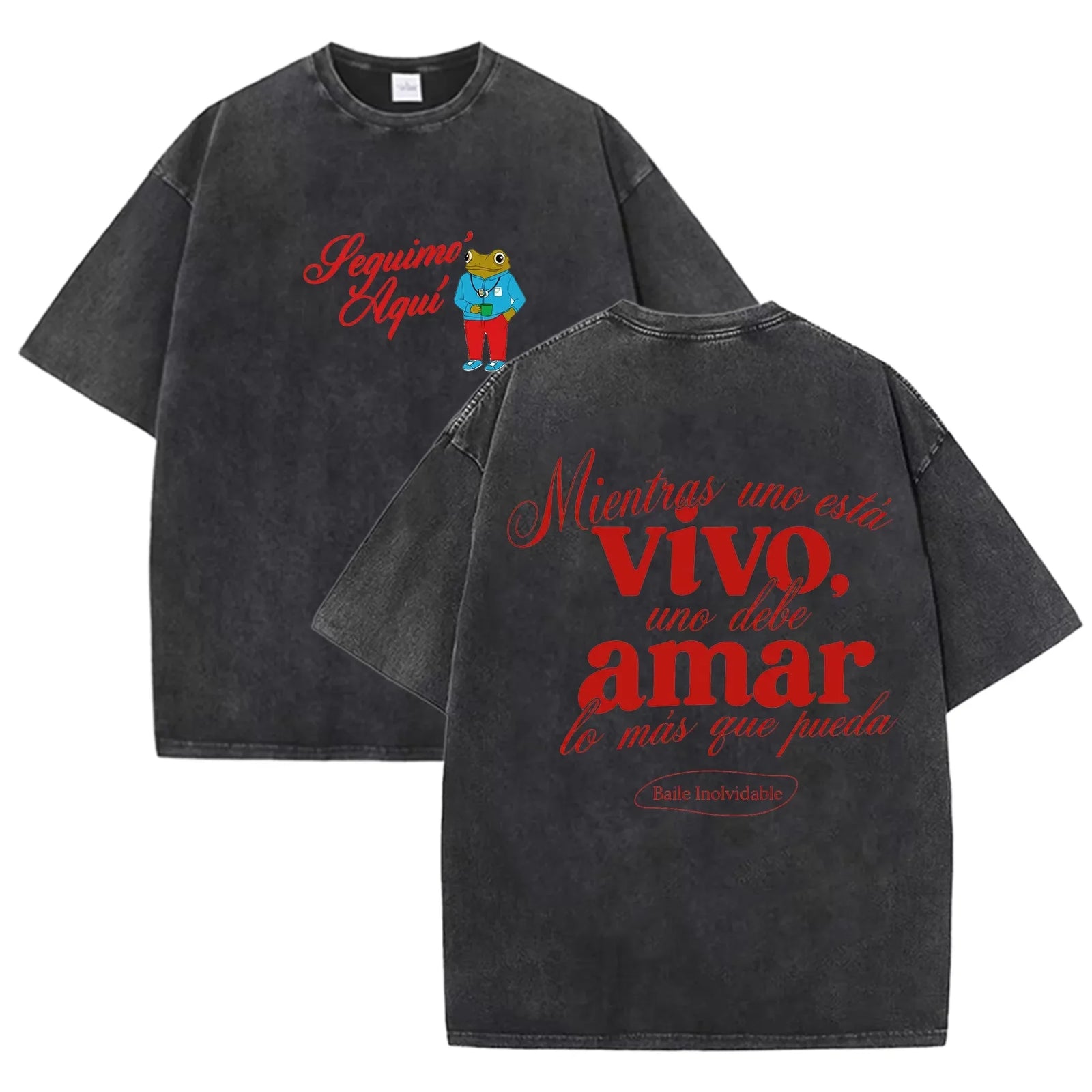 Vintage Washed Black Seguimo Aqui Frog Spanish Slogan Front Back Print Casual T Shirt