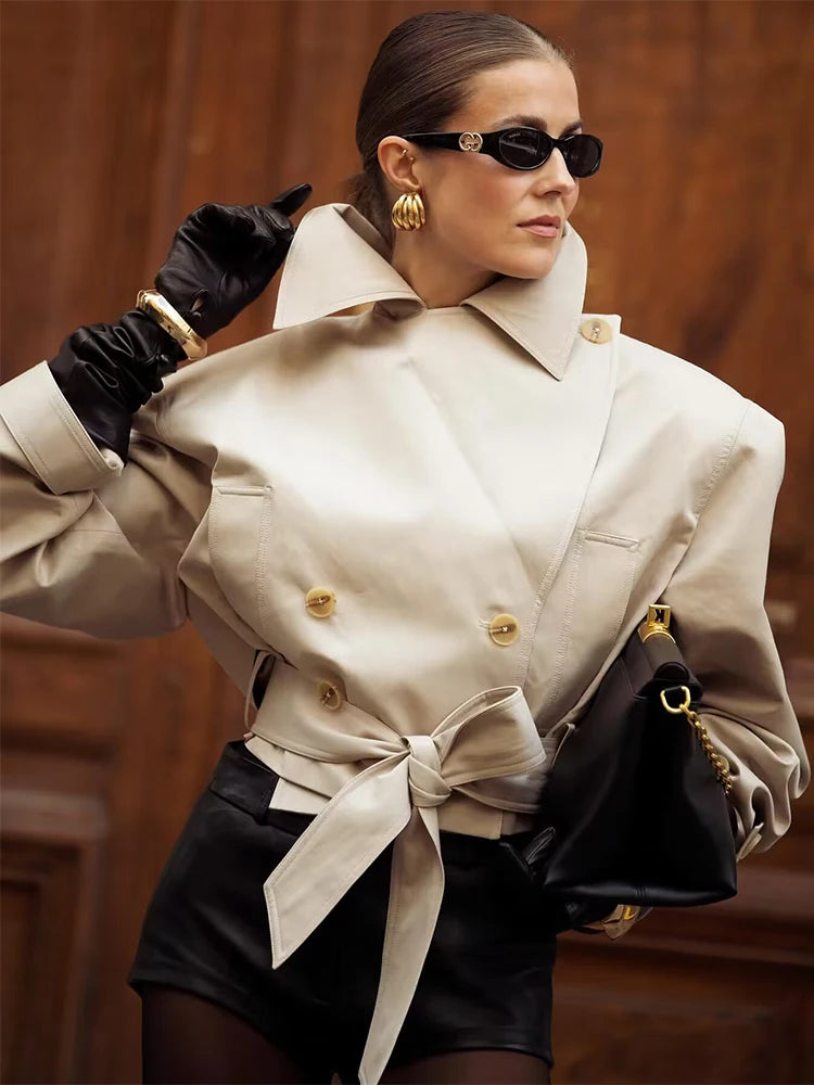 Women's Short Double-Breasted Belted Trench Jacket