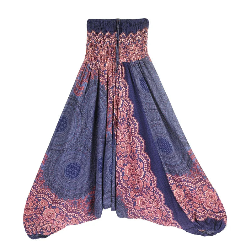 Women's Printed Rayon Harem Pants with Elastic Waist and Convertible Styling