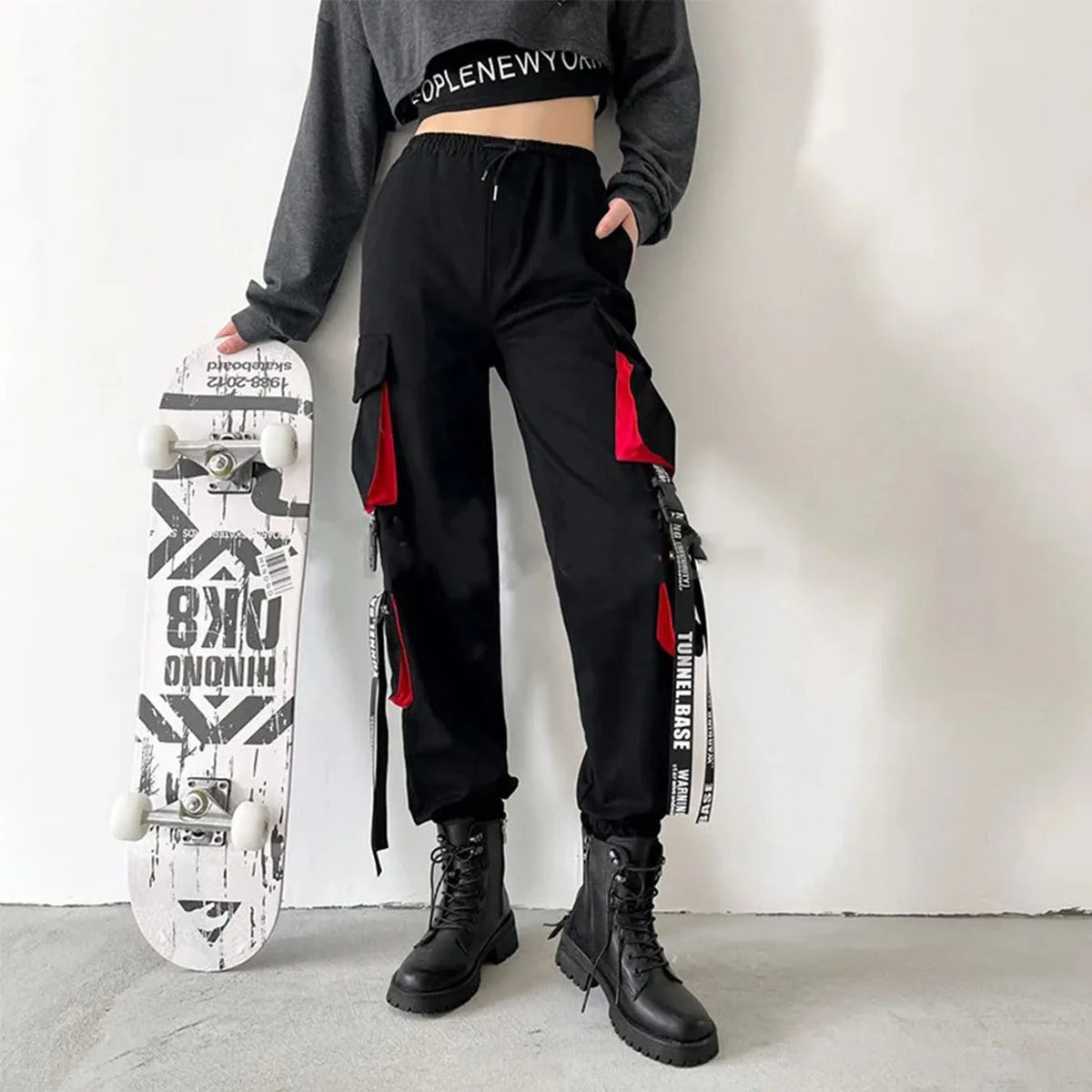 Women's Black Cargo Joggers with Printed Straps and Side Pockets
