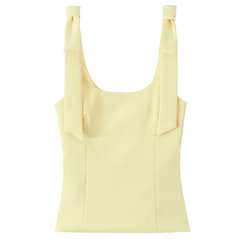 Women's Square Neck Polyester Camisole with Bow Tie Shoulder Straps