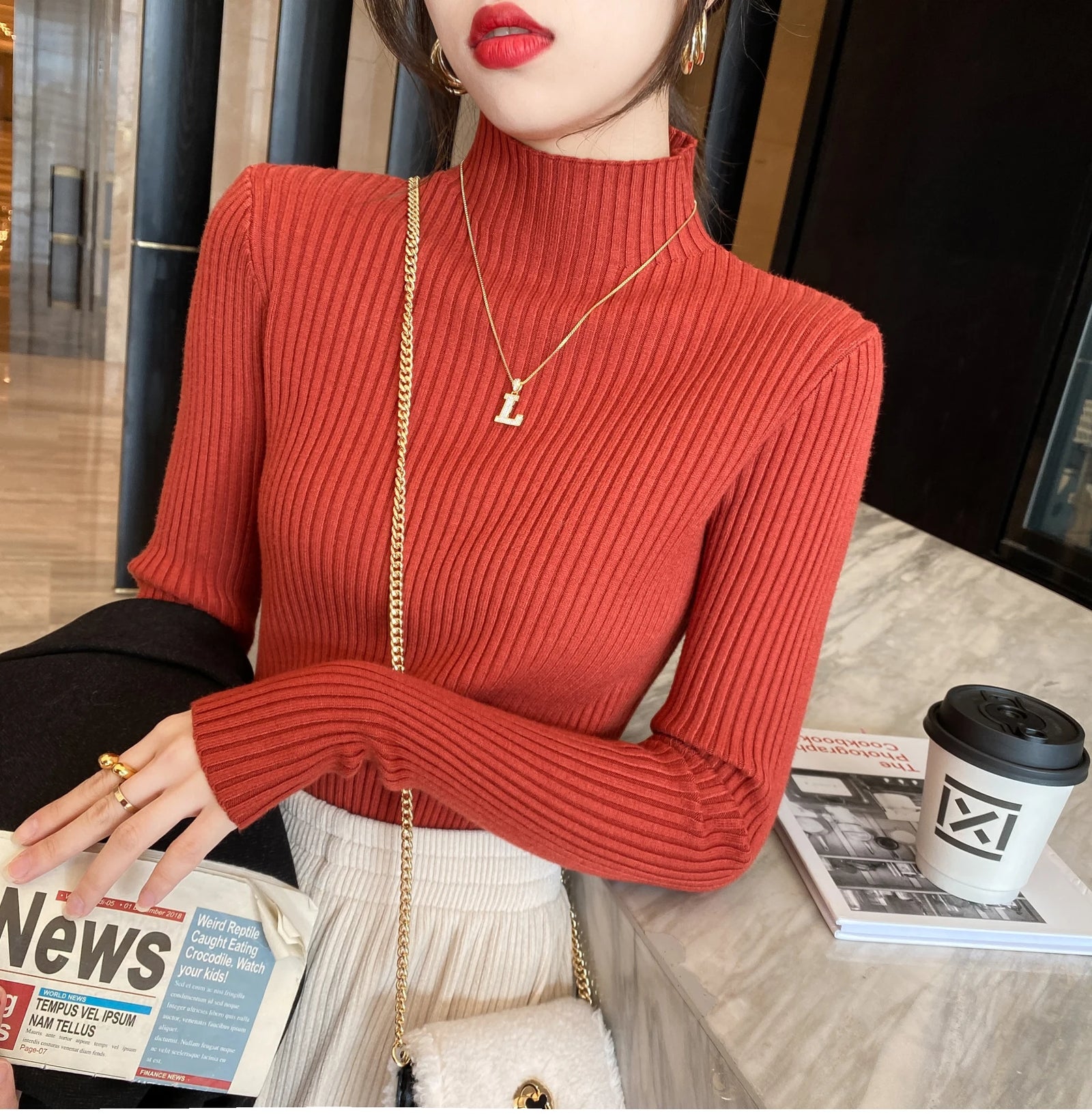 Women's Ribbed Mock Neck Long Sleeve Sweater Casual Knit Layer