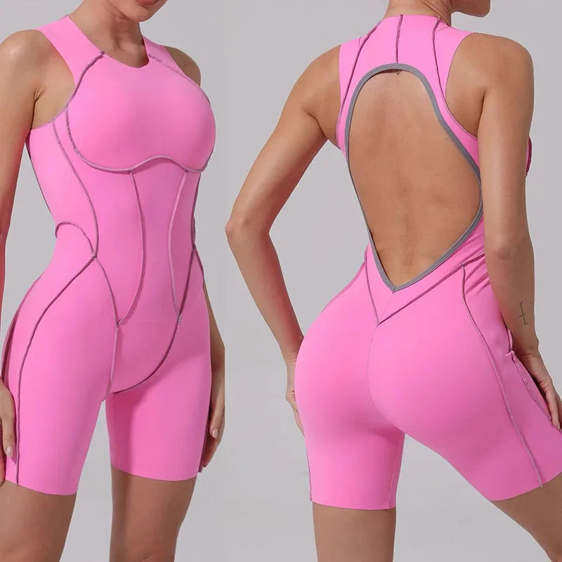 Women's High Neck Nylon Workout Romper with Racerback and Contrast Seams